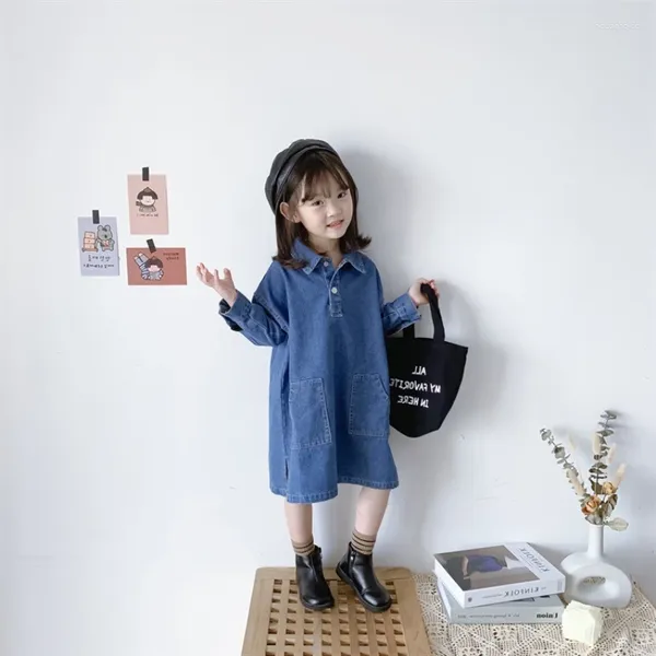 Vestidos para niñas, vestido para niñas, primavera Otoño, manga larga, Color sólido, tela vaquera, informal, suelto, con bolsillo, ropa para niños pequeños, estilo coreano 2-6 años