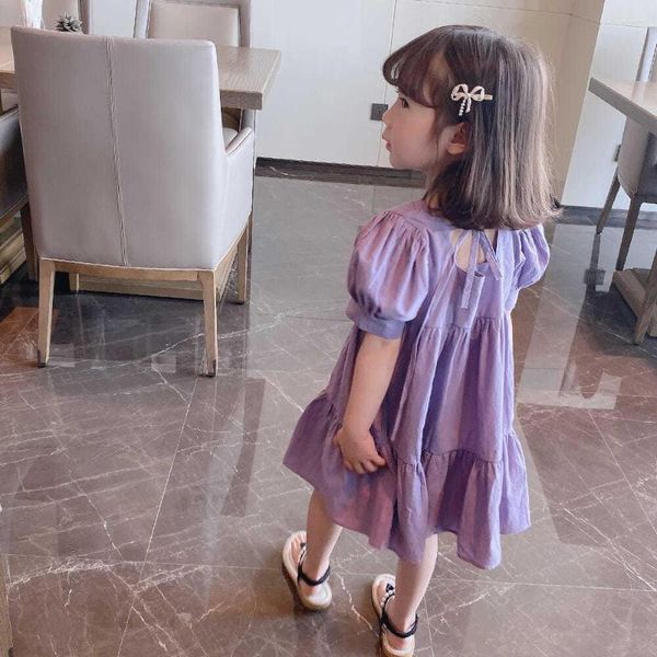 Vestidos de niña Vestido de niñas Verano 2023 Moda Púrpura Sólido Puff Manga Hasta la rodilla Princesa Cuello cuadrado Casual Fruncido