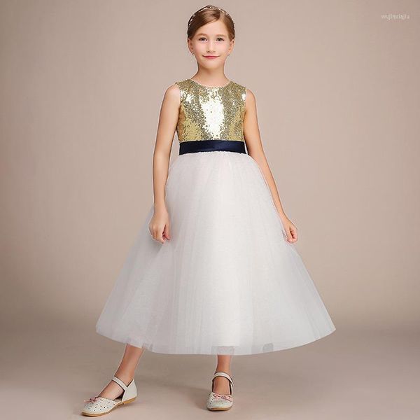 Fille robes filles élégante longue Communion formelle robe de princesse robe de fête d'anniversaire pour enfants or Sequin fleur mariage