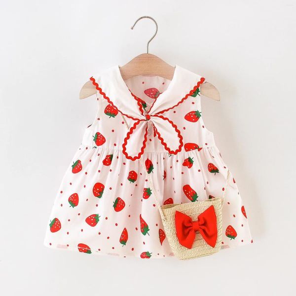 Robes de fille Fashion Fashion Navy Blue Collier Strawberry 9 mois à 3 ans Sac-cadeau sans manches 2024 Roule de coton