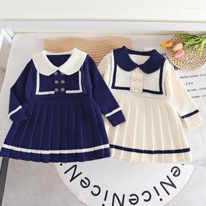 Robes de fille Fashion Fashion Coll de col Navy Robe d'automne Baby Tricketwear Style Corée à manches longues pour enfants plissés Coton Vêtements