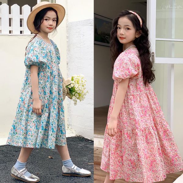 Fille robes filles robe florale été 2023 enfants vêtements amples doux enfants manches bouffantes mi-long princesse #7320