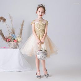 Girl Dresses Girls Formele Communion Jurk Verjaardagsfeest Prinsesjurken Champagne Cap Sleeve Gold Applique Weddingbloem