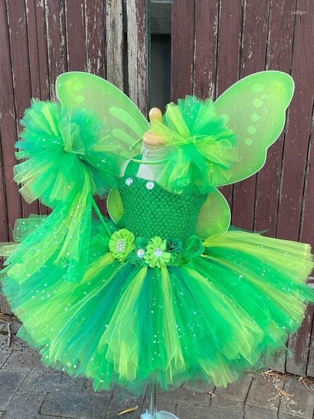 Vestidos de niña, vestido de hada de las flores verdes para niñas, tutú brillante para niños con ala de mariposa y conjunto de lazo para el pelo, disfraces de fiesta de Cosplay para niños