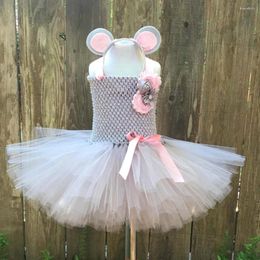 Fille robe filles gris souris tutu robe enfants crochet tulle avec fleur rose et arme de coiffage pour la fête d'anniversaire costume cosplay