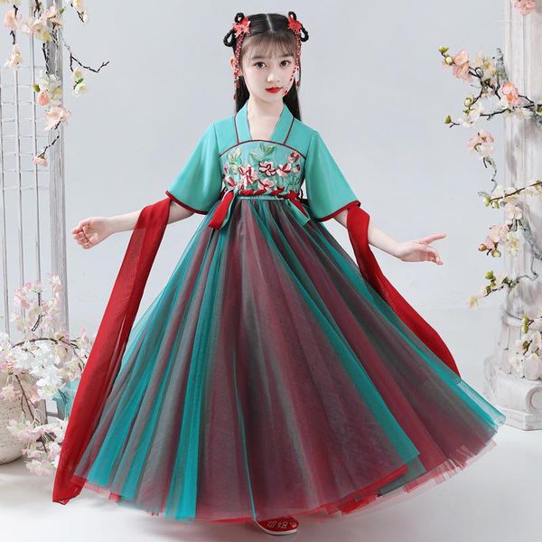 Fille Robes Filles Hanfu Tang Costume En Mousseline De Soie Pour L'été 2023 Style Chinois Col En V À Manches Courtes Broderie Patchwork Costume Ancien