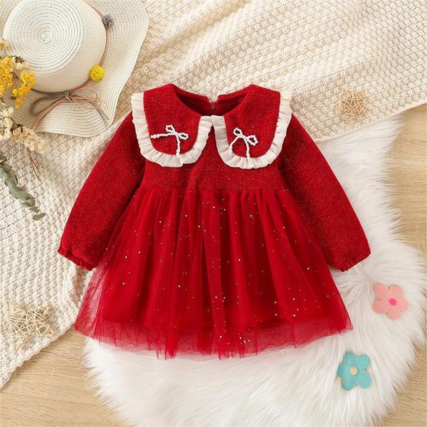 Vestidos para Niña Chica Versión Coreana Dulce Vestido de Muñeca Perla Lazo Escote Color Sólido Diario Empalme Cristal Brillante Malla Manga Larga