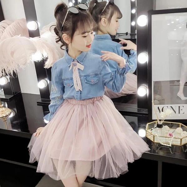 Robes de fille filles dentelle nœuds cravate broderie florale revers Falbala manches Denim chemise Tulle 2 pièces ensembles 2024 enfants princesse tenues