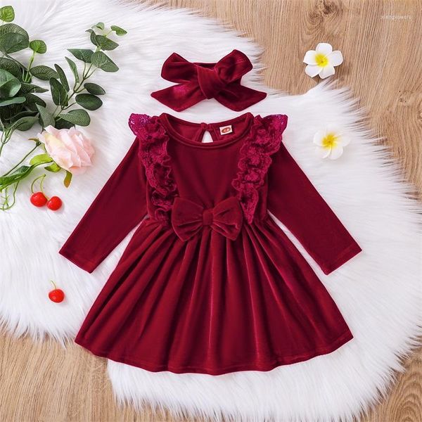 Filles robes filles robe en dentelle rouge velours enfants princesse style classique pour enfants de fête avec bowknot