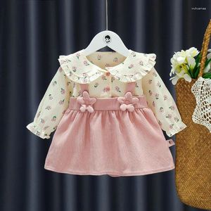 Vestidos de chicas 'Girls' Polo Collar Spring and Autumn Dress Flower estampado de flores sólido sólido 3D Princesa