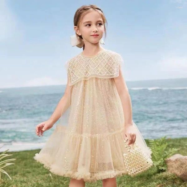 Vestidos para niñas, vestido ligero de lujo con cuentas de malla, ropa grande de princesa con lentejuelas para niños pequeños de verano