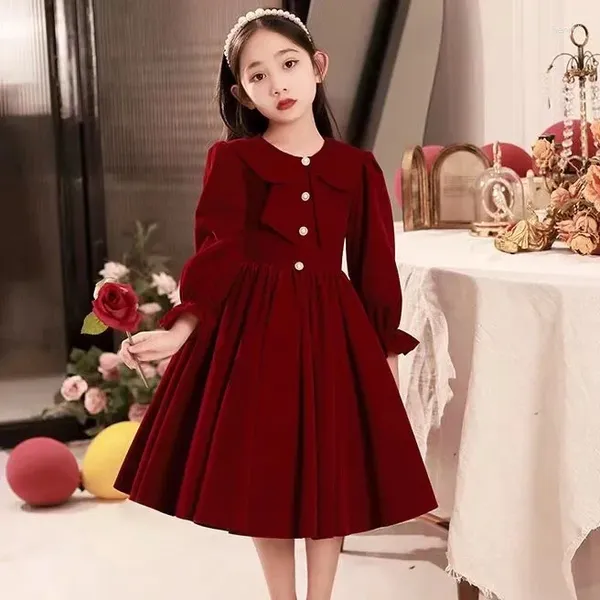 Robes de soirée pour filles, vêtements d'hiver et de printemps pour enfants, épais et chauds, en velours, formel, rouge bordeaux