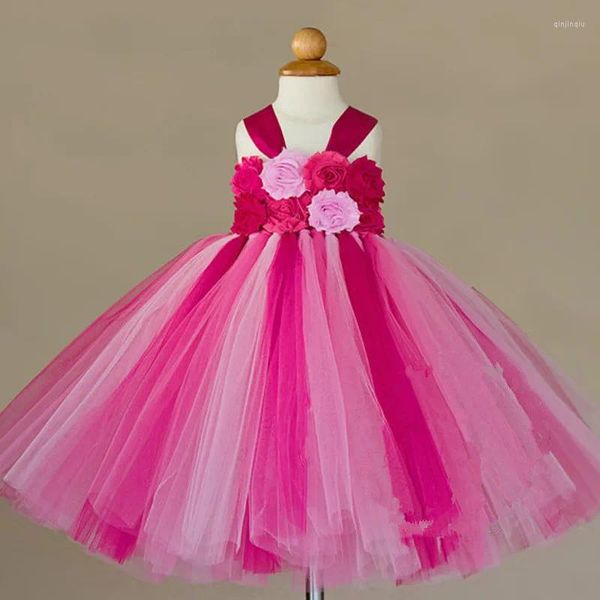 Fille robe filles rose fleur tutu robe enfants crochet tulle