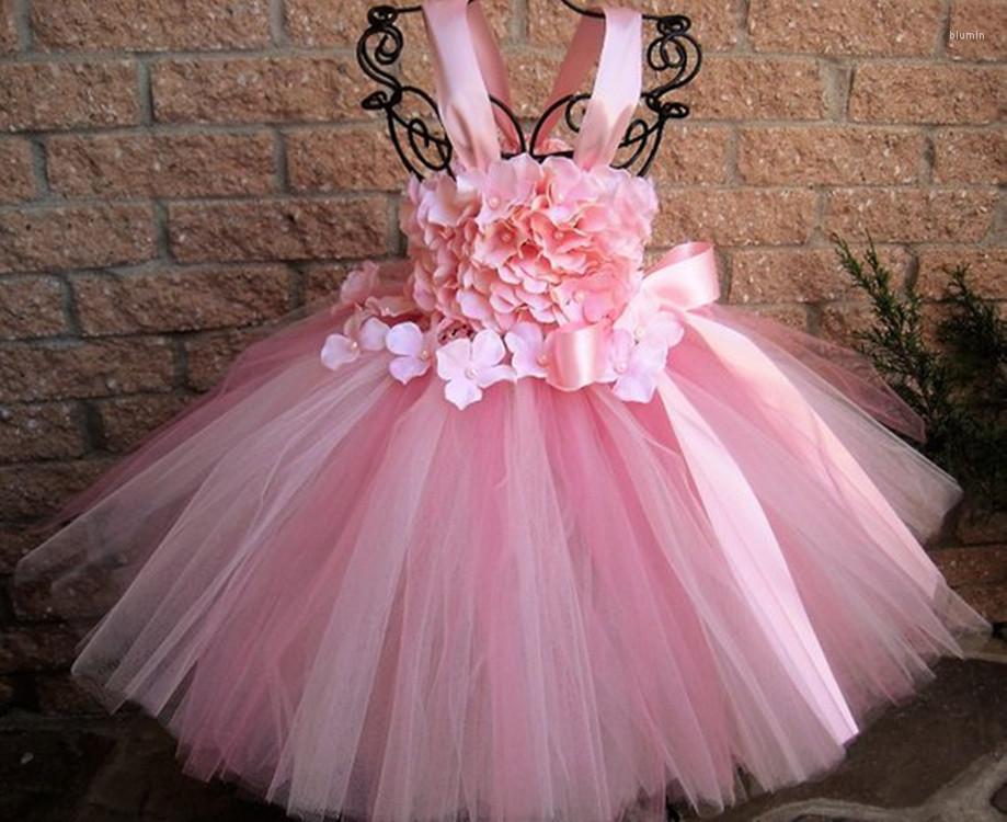 Girl Dresses Girls Pink Petals Fairy Tutu Dress Kids Flower Tulle Straps Ball Gown With Ribbon Bow Children Wedding Party Costume