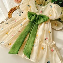 Fille Robes Filles Princesse Robe D'été Beige Élégant Avec Arc Vert Enfants Fête D'anniversaire Vêtements 4-10 Ans