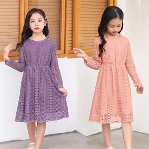 Vestidos de niña de encaje de princesa, Primavera/Verano 2023, Vestido de manga larga ahuecado de algodón puro para niños de 4 a 15 años de edad, ropa