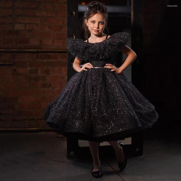 Vestidos de niña Niñas Fiesta de princesa Tul espumoso Una línea Longitud del té Vestido de primera comunión Vestido de flores de boda negro