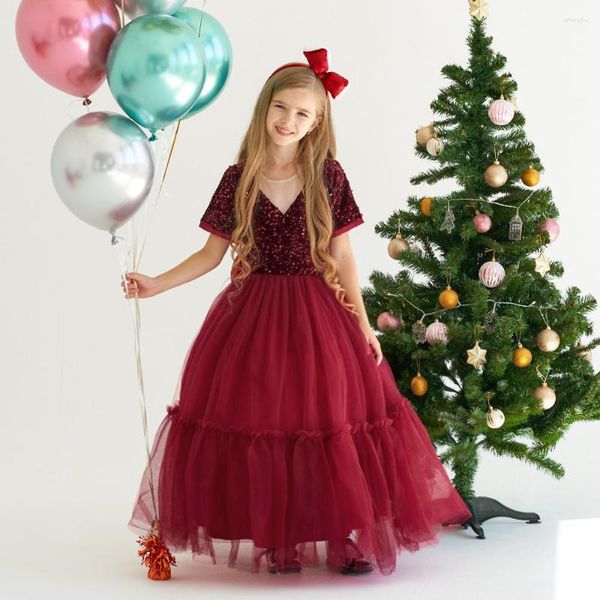 Robes de fille Filles Princesse Rouge Longue Formelle Première Communion Robe Enfants Paillettes Année De Noël Vêtements De Soirée De Mariage Anniversaire Robes