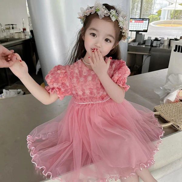 Vestidos de niña Niñas Princesa Falda Verano Estilo coreano Extranjero Pequeño Puff Manga Flor Vestido de bebé Gasa Robe