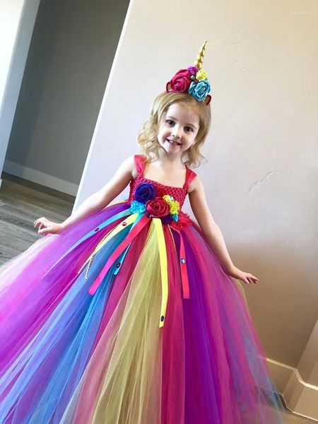 Vestidos de niña, vestido de tutú de flores de unicornio arcoíris para niños, vestido de bola con cinta de tul de ganchillo con lazo, disfraz de fiesta para niños