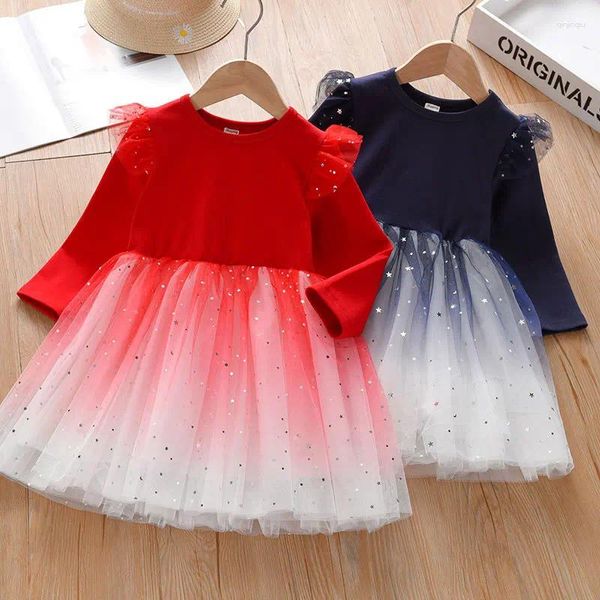 Vestidos de niña Niñas Vestido de princesa de Navidad rojo Manga larga Lentejuelas Estrella Tul Tutu Niño Año Fiesta de cumpleaños Elegante para