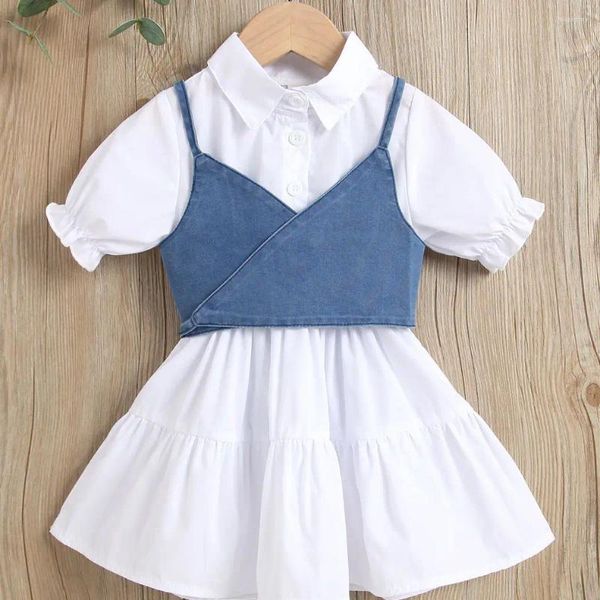 Robes de fille Jupon patchwork à manches courtes de couleur unie pour filles avec bretelles en jean à lacets petit ensemble de gilet pour 1-3-5 ans