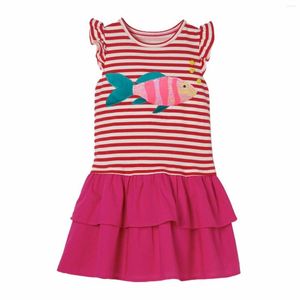 Vestidos de niña Camisa a rayas para niñas Estampado de peces de verano T Falda doble Cuello redondo Mangas voladoras pequeñas Vestido informal