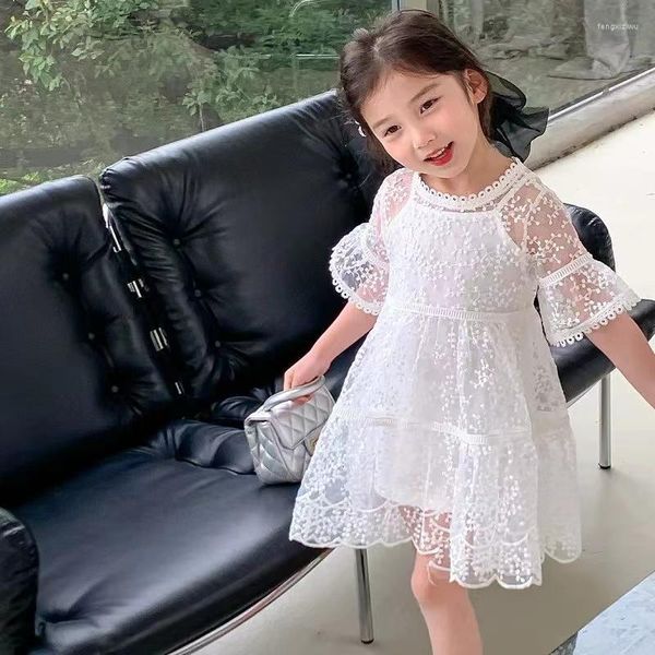 Vestidos de niña Trajes de niñas Vestido de manga media de encaje hueco y tirantes Ropa interior 2023 Ropa de verano para niños