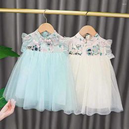 Abiti da ragazza Vestito da estate per ragazze 2023 Manica volante per bambini Cheongsam Stile cinese Hanfu Gonna di garza Vestidos Robe