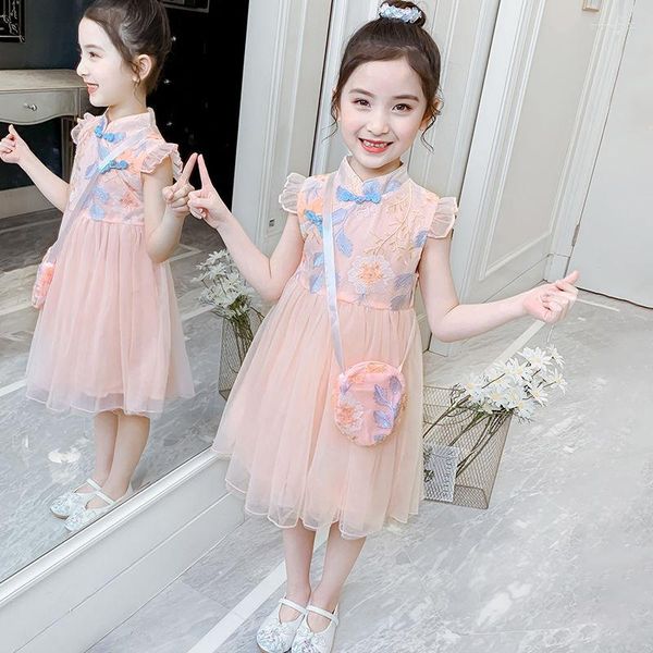 Fille robes filles robe d'été 2023 enfants élégant Style occidental Cheongsam mignon princesse broderie Net fil Vintage 12T