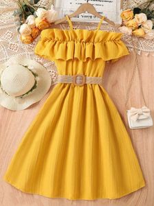 Robes de fille Girls Summer Elegant Fashion Robe ceinture jaune vif