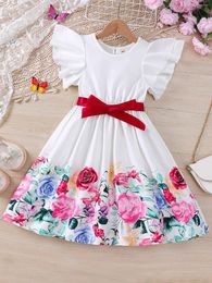 Meisje jurken meisjes zomer mode vrije tijd vakantie stijl jurk met dubbele laag lotus blad mouwen en bloemenprint