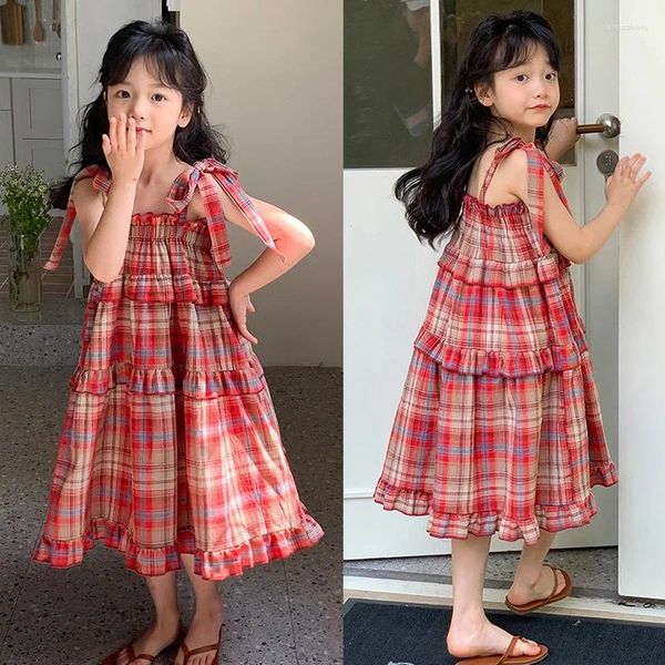 Fille robe filles douce robe princesse bébé mignon arc attaché à plaid sans manches d'été rouge élégant plage décontractée jupe décontractée