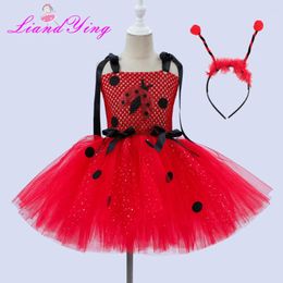 Girl Dresses Girls TuLle Tutu -jurk Red Black Polka Dot Verjaardagsfeestje met hoofdbandset Kids Cosplay Dance Po Props