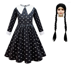 Fille Robes Filles Mercredi Addams Famille Cosplay Costume Vintage Gothique Tenues Halloween Vêtements Enfants Morticia Impression Robe Perruque