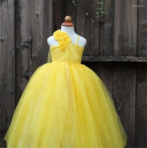 Robes fille filles jaune Vintage fleur Tutu robe enfants Crochet Tulle longue robe de bal enfants fête d'anniversaire Costume princesse