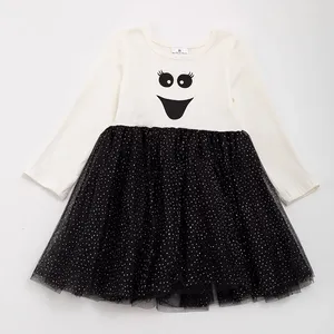 Meisjesjurken Girlymax Herfst Halloween Baby Meisjes Kinderen Kinderkleding Sweet Spooky Ghost Face Twirl Knielengte Tutu Rok Lange Mouw Jurk