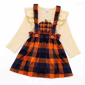 Robes de fille Girlymax Halloween Thanksgiving Automne Bébé Filles Orange Jupe À Carreaux Robe Citrouille Volants Ensemble Au-dessus Du Genou Vêtements Pour Enfants