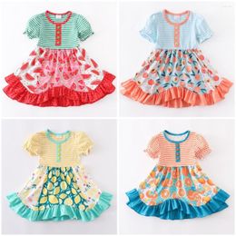 Robes de fille Girlymax été bébé filles enfants vêtements lait soie à volants citron pastèque pêche imprimé robe à rayures longueur au genou à manches courtes