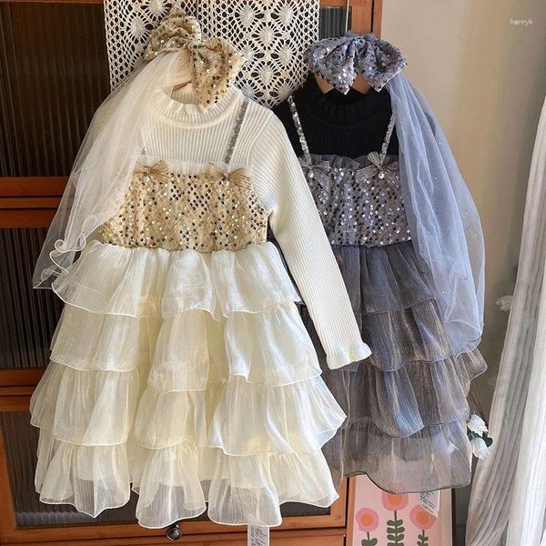 Vestidos de niña Vestido de pastel con lentejuelas y perlas de princesa para niñas Otoño e invierno sin terciopelo 2023