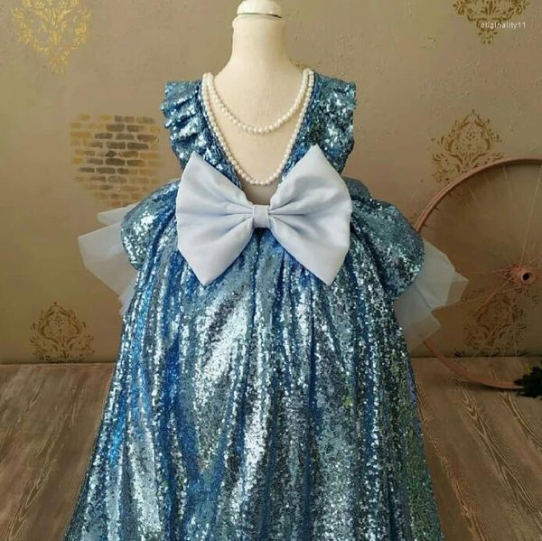 Robes à paillettes pour filles, tenue bouffante à fleurs bleues, tenue de fête d'anniversaire pour enfants