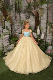 Robes de fille robe de fleur de paillettes pour le mariage Tulle jaune glands longueur de plancher princesse enfant première fête d'anniversaire eucharistique