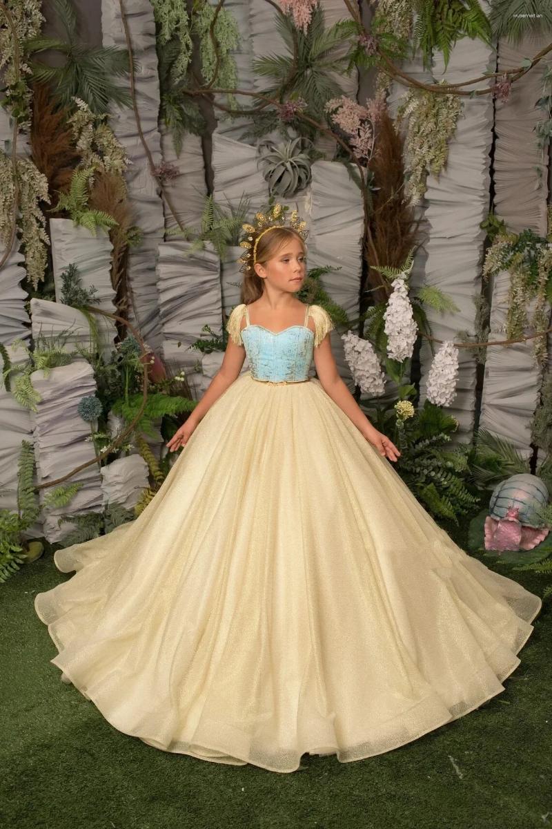 Flicka klänningar glitter blomma klänning för bröllop tyll gula tofsar golvlängd prinsessa barn första eukaristisk födelsedagsfest