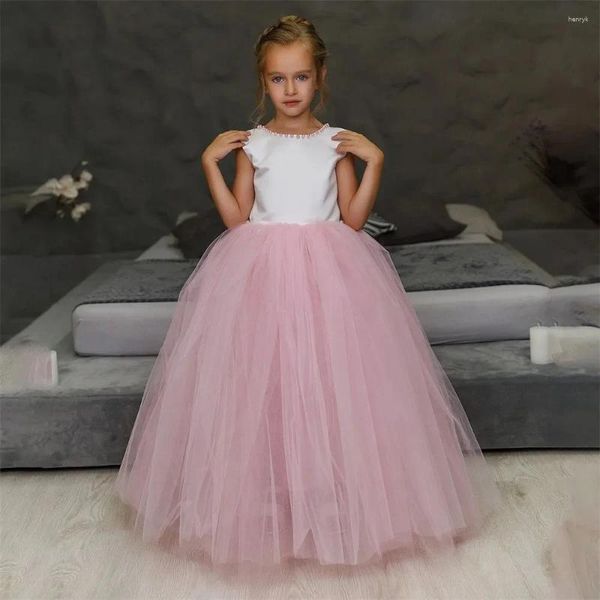 Robes de fille Glitter rose robe à fleurs pour les perles de mariage sans manches en tulle bouffant dos nu enfant première fête d'anniversaire eucharistique