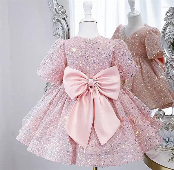 Vestidos de niña, vestido de bebé con lentejuelas y flores rosas brillantes, cuello en V, hinchado para niñas, vestido de fiesta de cumpleaños para niños, lazo grande