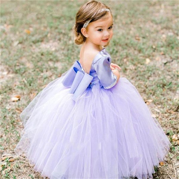 Robes de fille Glitter Violet Tulle Puffy Robe De Fleur Pour Le Mariage Perlé Une Épaule Avec Arc Mignon Bébé Communion Baptême Fête