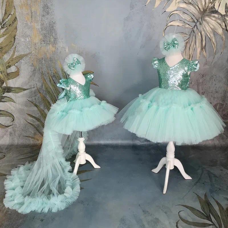 Girl Dresses Glitter Sequin Flower Bow Cap Sleeve Tulle Birthday Party Wedding Gowns Ruffles Performance Dress Detachable Train