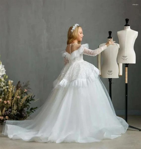 Robes de fille paillettes Tulle moelleux robe à fleurs blanches paillettes perles dentelle pour mariage robe de bal anniversaire enfant sainte Communion