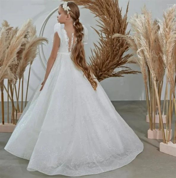Robes de fille paillettes blanc gonflé Applique perles Tulle robe à fleurs pour mariage princesse enfant première fête d'anniversaire eucharistique
