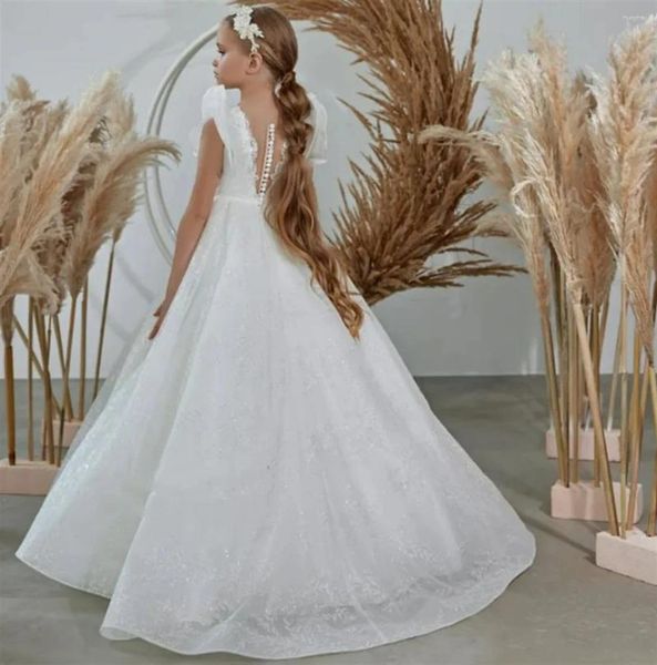 Vestidos de niña con purpurina blanca, apliques hinchados, vestido de flores de tul con cuentas para boda, princesa, primera fiesta de cumpleaños eucarística